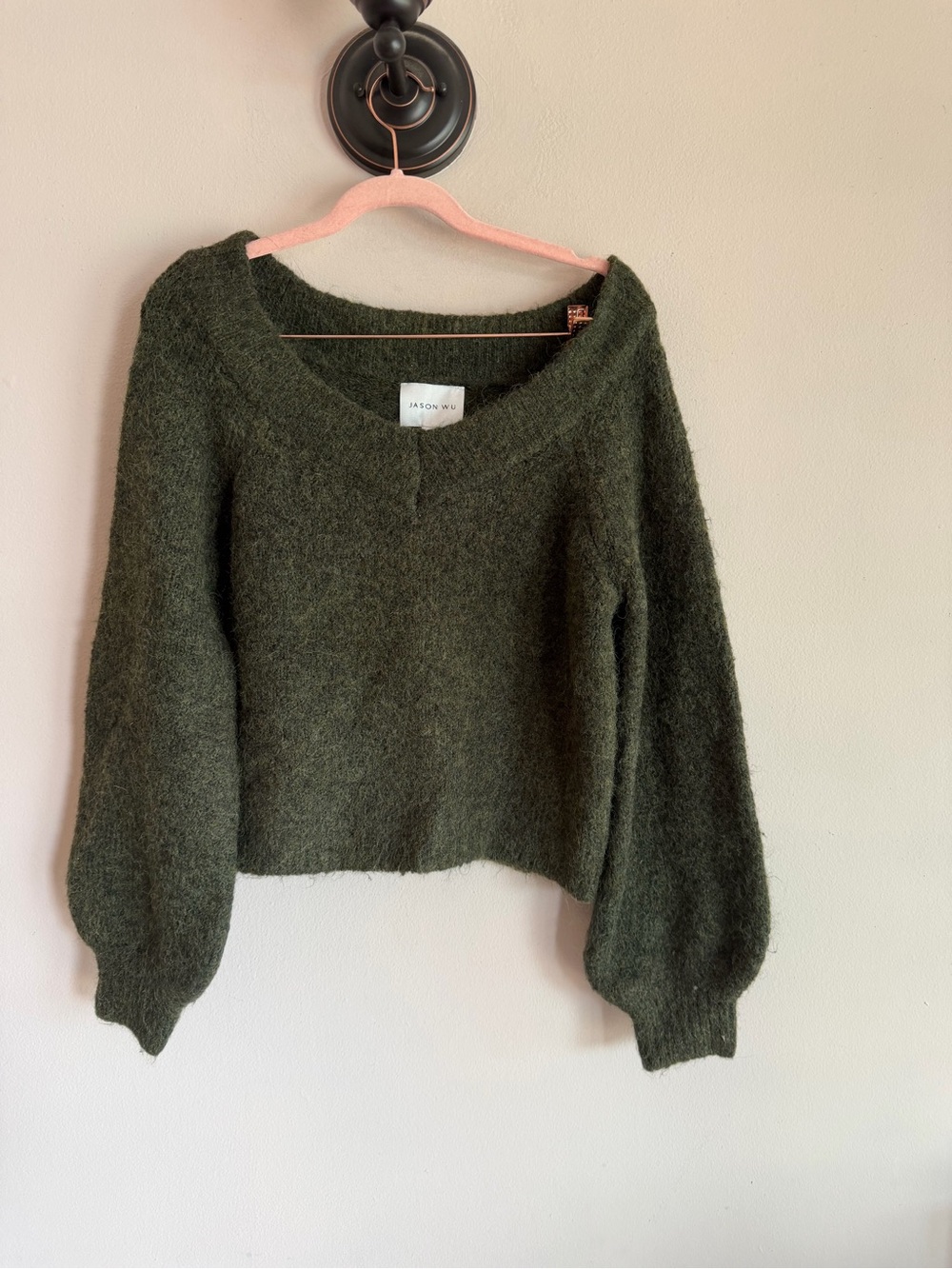 Jason Wu Forest Green Fuzzy Knit Balloon Sleeve V-Neck Cropped Sweater Large